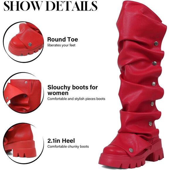 Women's Red Pu Fold Over Knee Slouchy Ruched Stacked Heel Round Toe Boots - Picture 6 of 7